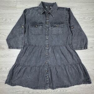 Speed Limit Women's Denim‎ Dress Tiered Button Front Acid Wash Gray S 3/4 Sleeve